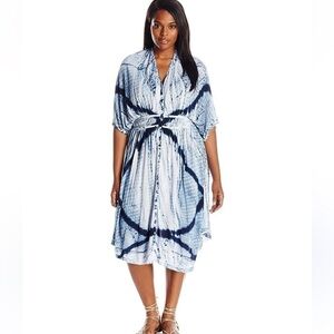 Lucky Brand Tie Dye Audrey Caftan Midi Dress in Blue White Sz M Flowy Boho